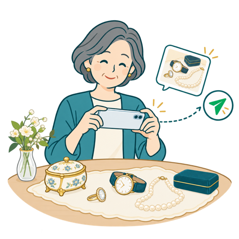 スマートフォンで品物の写真を撮影して送るイラスト