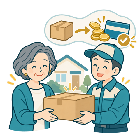 品物を発送し代金を受け取るイラスト